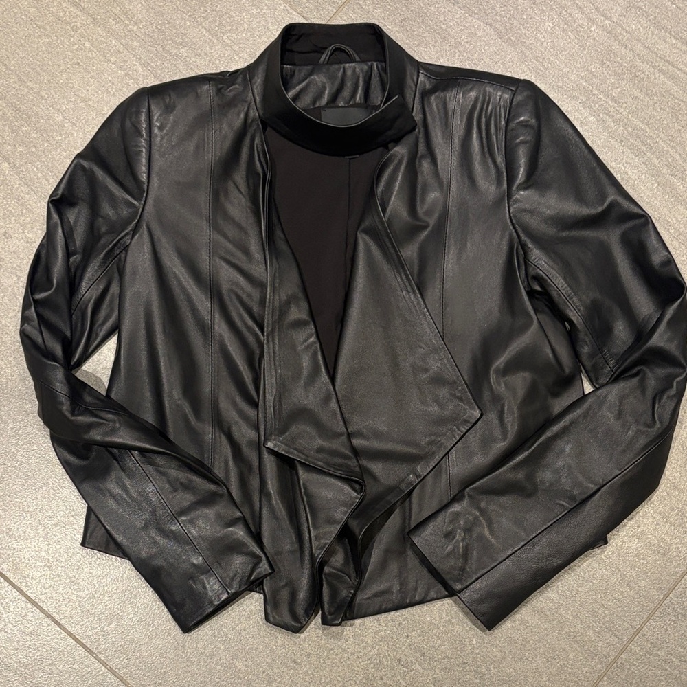 INTERMIX Black Draped Faux Leather Open-Front Jacket